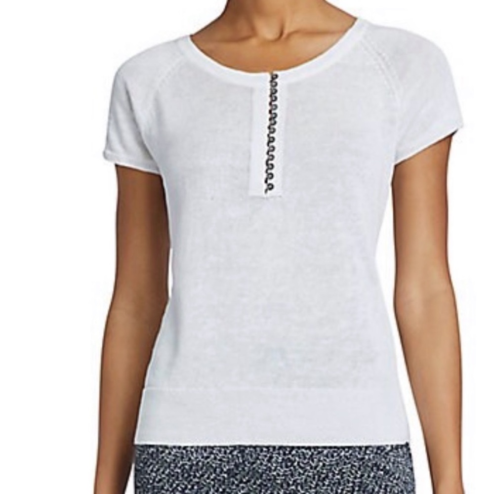 NIC + ZOE White Linen Blend Short Sleeve Lightweight Quarter-button Top | Medium